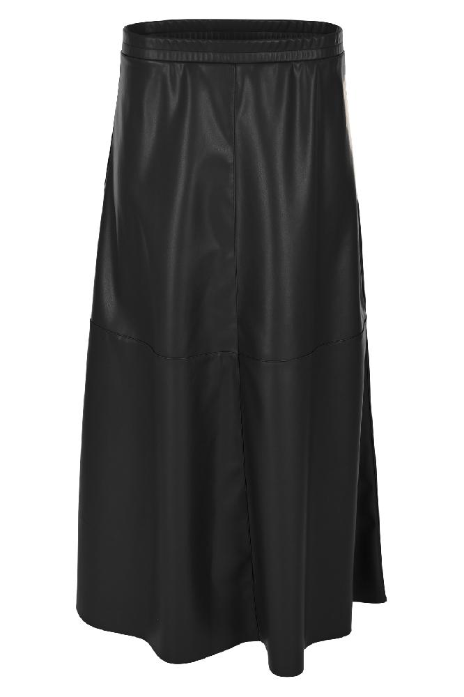 Stap in stijl met onze fake leather rok, perfect voor een edgy en eigentijdse look. Met zijn lengte die over de kuit valt, biedt deze rok een flatterende en veelzijdige pasvorm. Deze rok met leerlook voegt direct een stoer randje toe aan je outfit. Een must-have voor jouw kledingkast!