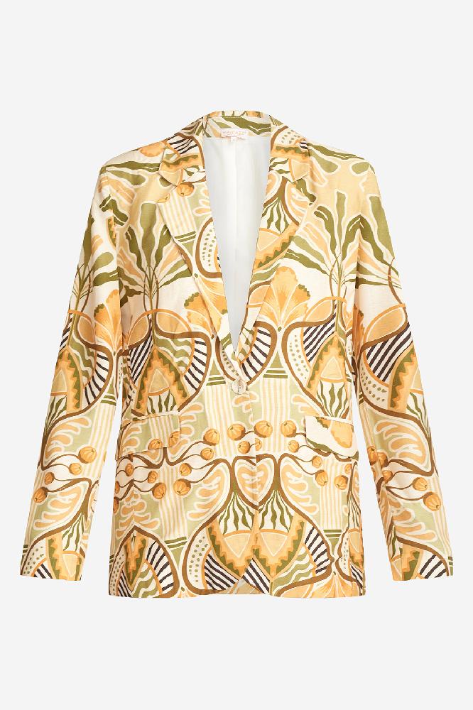 Ontdek de zomerse flair van de Jeanne blazer, met zijn opvallende print die perfect past bij het zomerse weer. Deze blazer is een echte eyecatcher en vormt een prachtige combinatie met de bijpassende Jolijn broek voor een complete en stijlvolle look.