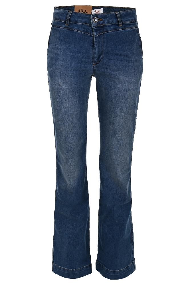 Wide leg V-front jeans met steekzakken voor en pastelzakken achter.